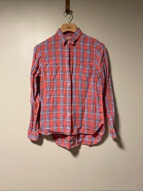 Faherty Coral and Blue Linen Plaid Button-Down Shirt
